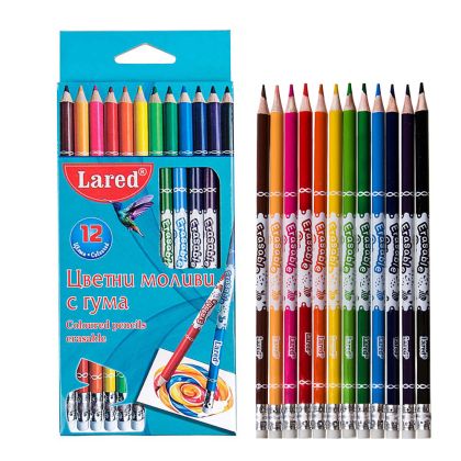 Цветни моливи  ЛАРЕД  12цв. с ГУМА ДЪЛГИ