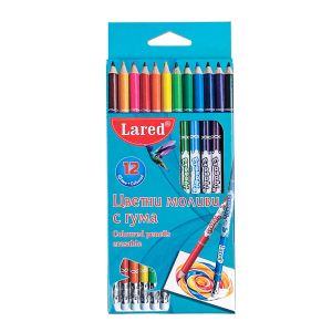 Цветни моливи  ЛАРЕД  12цв. с ГУМА ДЪЛГИ